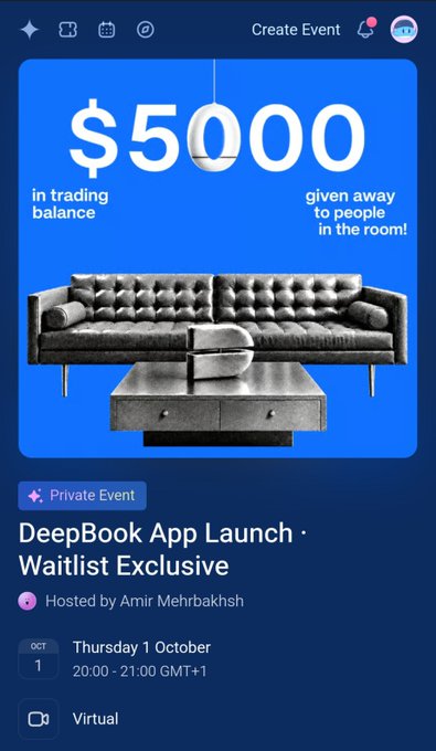 A mobile app event page for a 'DeepBook App Launch · Waitlist Exclusive' virtual private event hosted by Amir Mehrbakhsh on October 1, offering a $5000 trading balance giveaway.