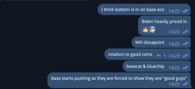 A screenshot of a Telegram chat showing messages about crypto market predictions, including comments like 'I think bottom is in on base eco', 'Biden heavily priced in', 'Will dissapoint', 'rotation to good coins', and 'Base starts pushing as they are forced to show they are "good guys"'.