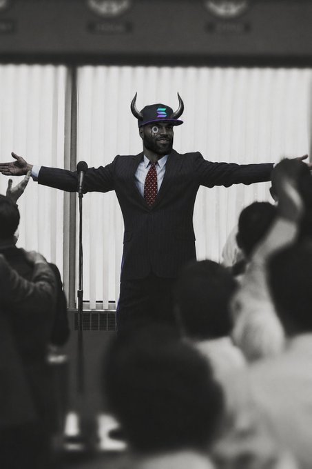 A man in a suit, red tie, and Viking horn helmet with the Solana logo stands triumphantly with arms outstretched before a crowd, evoking the iconic "Are you not entertained?" scene from Gladiator. The image mirrors the post's bullish Solana sentiment and the meme-like call to action for $CURB and $SOLANA.