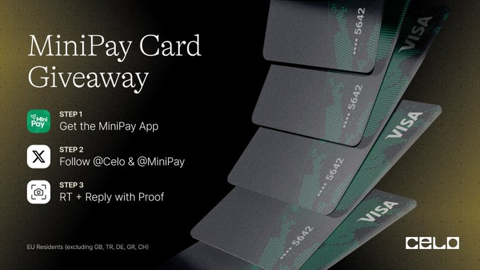A 'MiniPay Card Giveaway' promotion from Celo, with steps to download the MiniPay app, follow @Celo & @MiniPay, and RT + Reply with Proof, featuring images of black Visa cards.