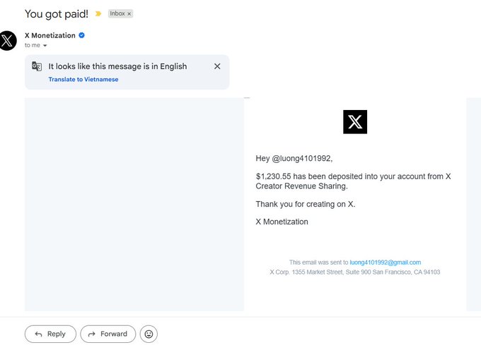 An email from X Monetization notifying user @luong4101992 that $1,230.55 has been deposited into their account from X Creator Revenue Sharing.