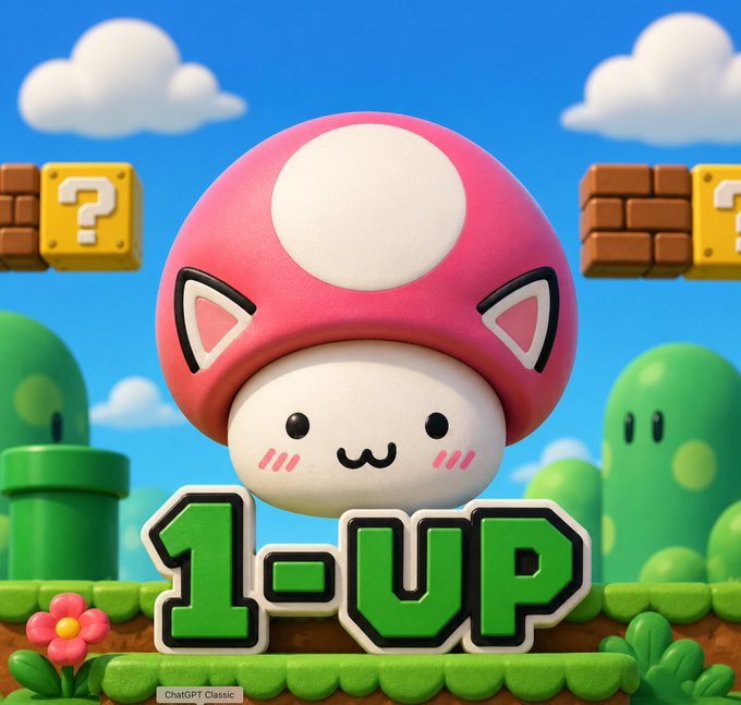 A cute, 3D-rendered image of a pink mushroom character resembling a Toad from Super Mario, with '1-UP' displayed in green block letters, set against a Super Mario-themed background, with 'ChatGPT Classic' text at the bottom.