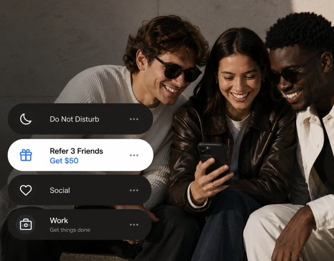Three friends (two men and a woman) smile while looking at a smartphone together, with an overlay showing app modes like 'Do Not Disturb', 'Refer 3 Friends Get $50', 'Social', and 'Work'.