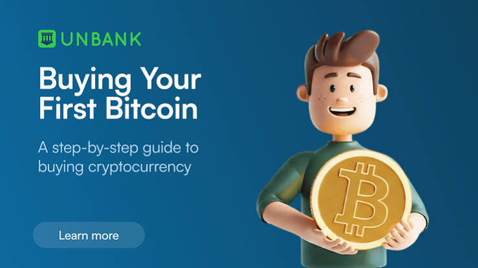 Promotional graphic for UNBANK titled 'Buying Your First Bitcoin: A step-by-step guide to buying cryptocurrency' featuring a 3D cartoon character holding a gold Bitcoin.