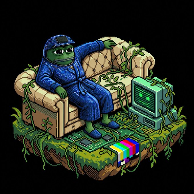 A pixel-art Pepe the Frog in a blue bathrobe lounges on a vine-covered couch next to a retro CRT monitor, with a TV test pattern on the floor, visually tying into the $SPEPE meme coin promoted in the post as a fusion of AI and meme culture at spepe.xyz.