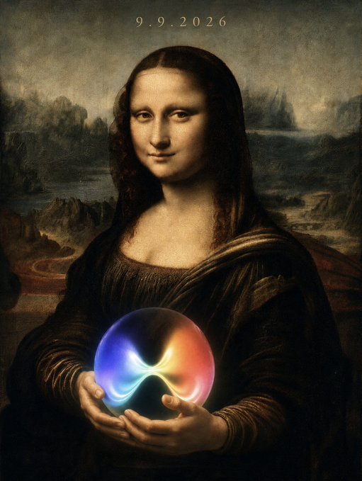 A Renaissance-style portrait of a woman reminiscent of the Mona Lisa holds a glowing orb displaying a colorful figure-eight infinity symbol, with the date "9.9.2026" inscribed at the top. The mystical, futuristic imagery suggests themes of timelessness and infinite possibility, likely created by the artist @world_xyz to engage and grow their following.
