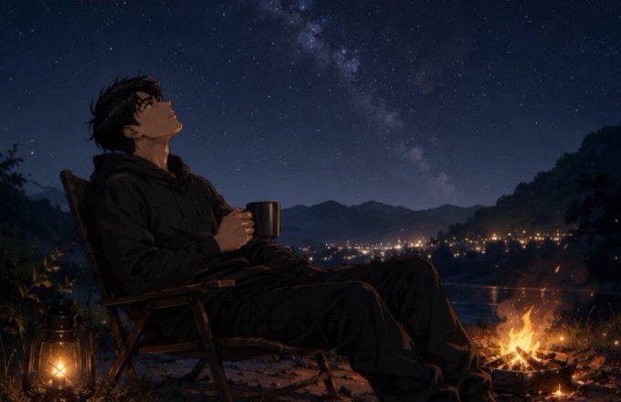 An anime-style illustration of a young man sitting in a chair by a campfire at night, holding a mug and gazing up at the Milky Way with city lights twinkling in the distant valley.
