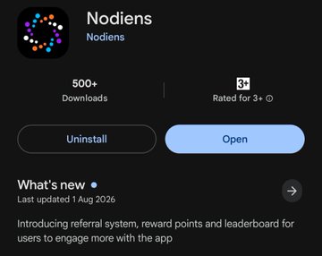 The image shows the Google Play Store listing for the "Nodiens" app, displaying 500+ downloads, a 3+ age rating, and a "What's new" section highlighting an update from 1 Aug 2026 introducing a referral system, reward points, and leaderboard—aligning with the post's mention of using the app to complete missions, earn points, and track token sentiment indexes.