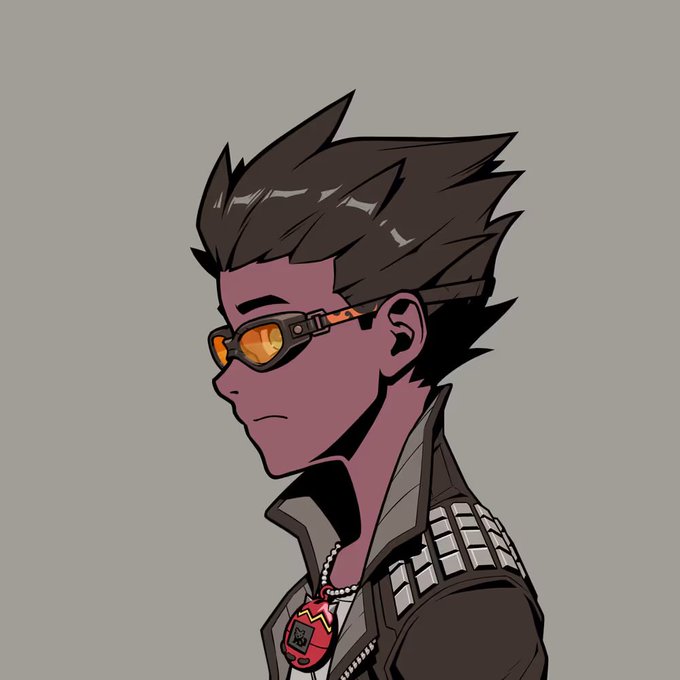 Profile illustration of an anime-style character with spiky dark hair, orange tinted sunglasses, and a black jacket, wearing a red pendant necklace.