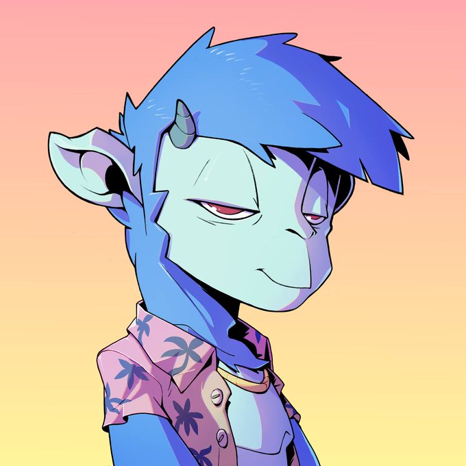 A cartoon illustration of a blue-skinned character with horns, pointed ears, and purple hair, wearing a pink Hawaiian-style shirt with palm tree patterns, set against a sunset gradient background. The image serves as promotional artwork for the goat-themed NFT giveaway mentioned in the post, fitting the casual, meme-style vibe of the "Goats of Solana" Twitter Space event.