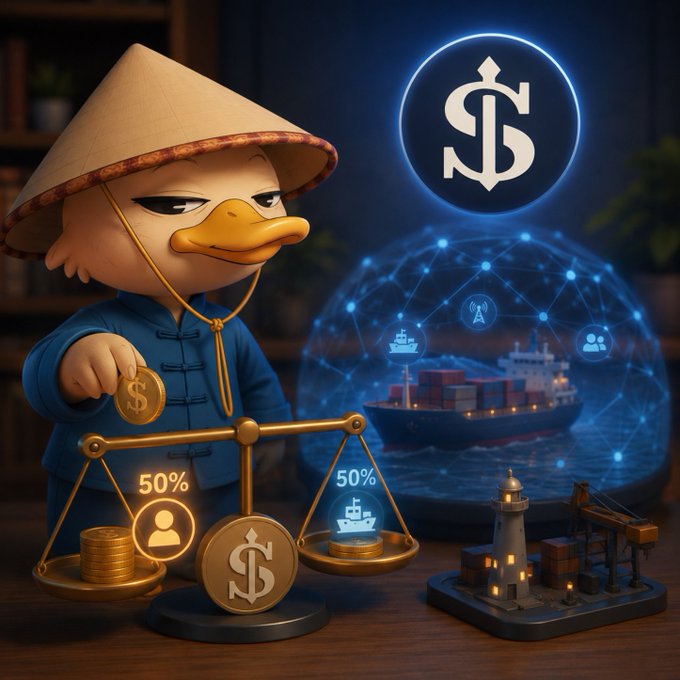 A 3D-rendered duck character wearing a conical hat holds a coin on a balance scale marked with '50%' and dollar signs, set against a glowing digital globe showing a cargo ship and connectivity icons.