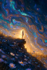A digital painting depicting a small silhouetted figure standing on a cliff at night, surrounded by swirling starry skies and glowing lotus flowers.