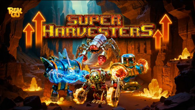 The image is a promotional graphic featuring the text "SUPER HARVESTERS" in bold, fiery lettering against a rocky, glowing background, showcasing three mechanical robot characters with glowing accents and weapons. It ties to the accompanying post by visually announcing the upcoming Genesis Harvester update, emphasizing the rarity and value of the Harvesters before a 100% price increase within 72 hours, with hints of future P2P trading and rental systems.