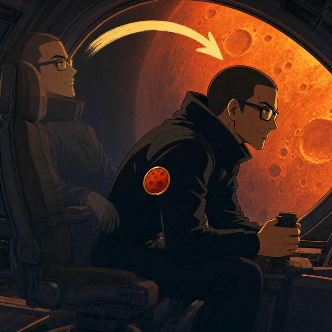 An anime-style illustration of a dark-haired character with glasses sitting in a cockpit against a red planet background, with a transparent double of himself on the left and a yellow arrow pointing from his past self to his present location.