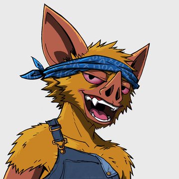 An anthropomorphic fox character with a wide, grinning smile, pink eyes, and a blue bandana wears denim overalls, evoking a rebellious "hood" aesthetic. The cartoonish illustration visually complements the post's crypto and NFT theme, tying the carefree, mischievous fox persona to the playful world of Robinhood-inspired digital collectibles.