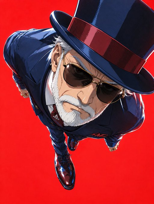A stylized overhead illustration shows an elderly, white-bearded man in a dark suit, sunglasses, and a red-banded top hat walking against a vivid red background. No text is visible; in the context of the post about Avalanche, the image serves as a visual metaphor for endurance and persistence.