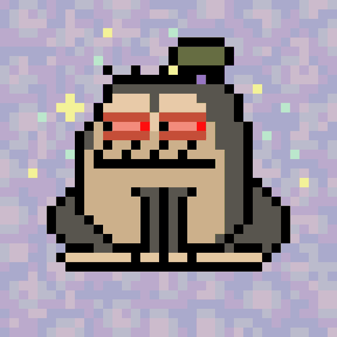 A pixel art illustration of a meditating figure wearing red sunglasses and a small green hat, sitting in a lotus pose against a pastel purple pixelated background.