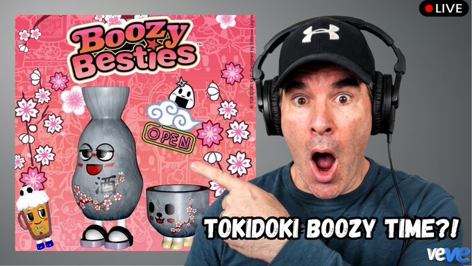 A YouTuber wearing a black Under Armour cap and headphones excitedly points at a 'Boozy Besties' tokidoki product image featuring a sake bottle and cup characters, with text reading 'TOKIDOKI BOOZY TIME?!' and a 'LIVE' badge in the corner.