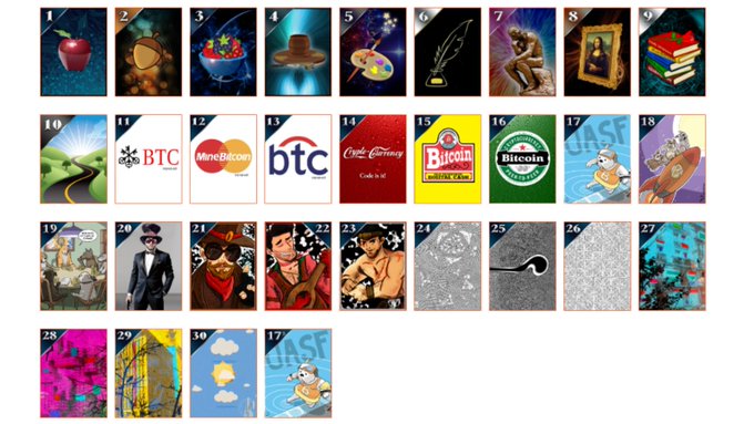 A numbered grid of 31 diverse NFT artwork thumbnails, including various items like an apple, portrait, palette, and multiple Bitcoin-themed logos (BTC, MineBitcoin, Code is Law, Bitcoin To The Moon).