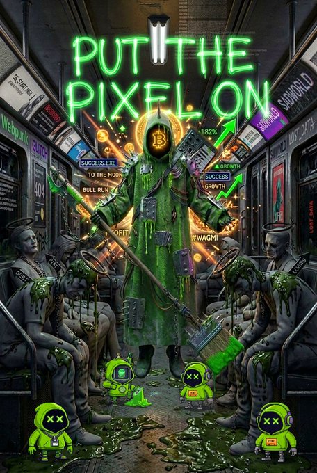 A surreal, cyberpunk-style digital illustration with the text "PUT THE PIXFL ON," depicting a hooded figure with a Bitcoin face inside a green hazmat suit on a subway train surrounded by hooded passengers.