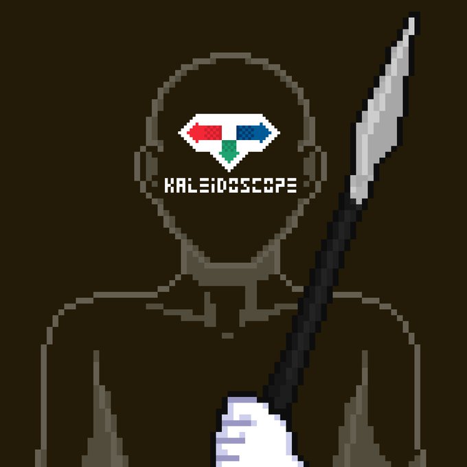 Pixel art illustration of a dark silhouetted figure with a knife, featuring a multicolored eye logo and the text 'KALEIDOSCOPE' across the face.