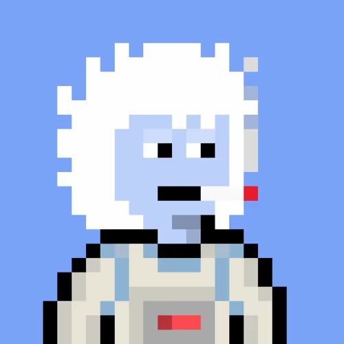 A pixel art character with wild white hair and a blue face wears a hoodie with a red accent, set against a blue background. The image visually represents the Nakamigos "punk" ethos referenced in the accompanying text, with the character's rebellious appearance embodying the anti-establishment sentiment of the post.