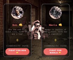 The image shows two cell phones, each displaying a different person's profile picture. The phone on the left has a man with sunglasses and a beard, while the one on the right features a woman wearing sunglasses. Both phones are placed next to each other in front of a brick wall. Below these profiles, there is text that reads "Fight for Bob", indicating that this might be an advertisement or promotional material related to a boxing-related contest or event. The text also mentions that the winner will receive $SOAP tokens and two dangerous boxing gloves as prizes.