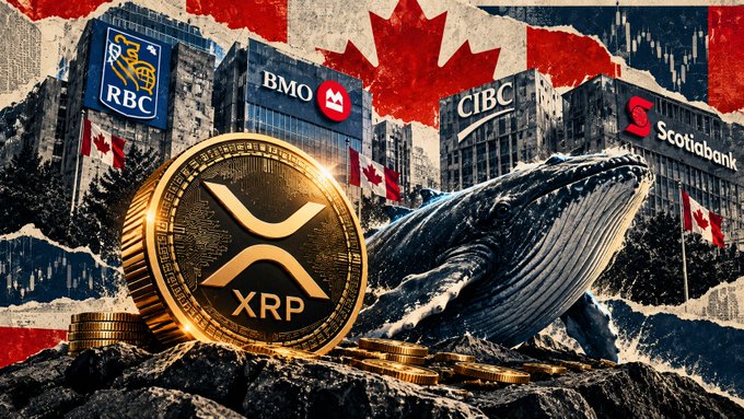 A digital collage showing a large XRP coin and a whale breaching the ocean in the foreground, with Canadian banks RBC, BMO, CIBC, and Scotiabank displayed against a Canadian flag and city skyline backdrop.