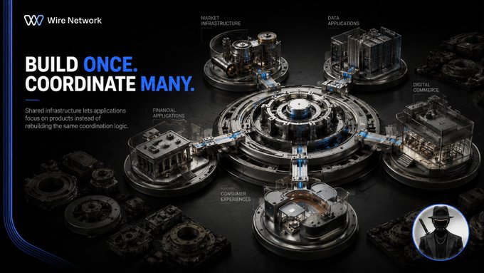 A promotional graphic for Wire Network featuring the tagline "BUILD ONCE. COORDINATE MANY." alongside the description "Shared infrastructure lets applications focus on products instead of rebuilding the same coordination logic," with a central hub-and-spoke visual connecting labeled application domains including Market Infrastructure, Data Applications, Digital Commerce, Financial Applications, and Consumer Experiences.