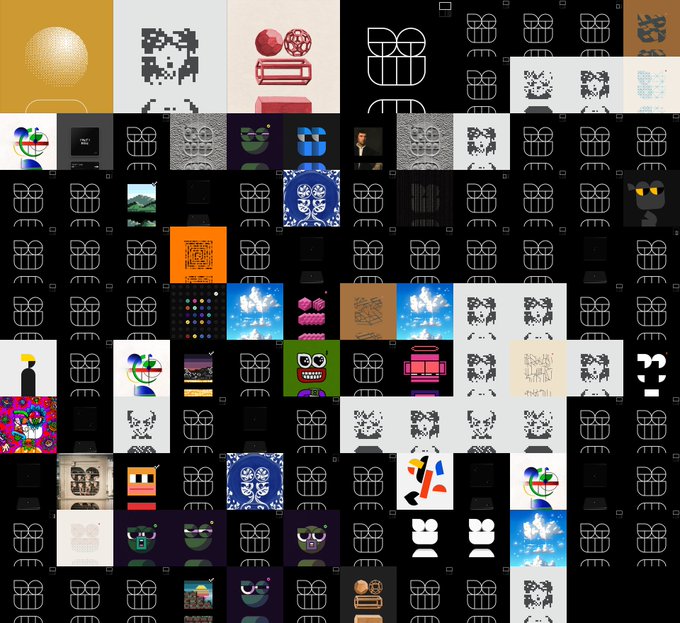 A grid collage of various digital artworks, pixel art characters, logos, and meme images arranged in a mosaic pattern.