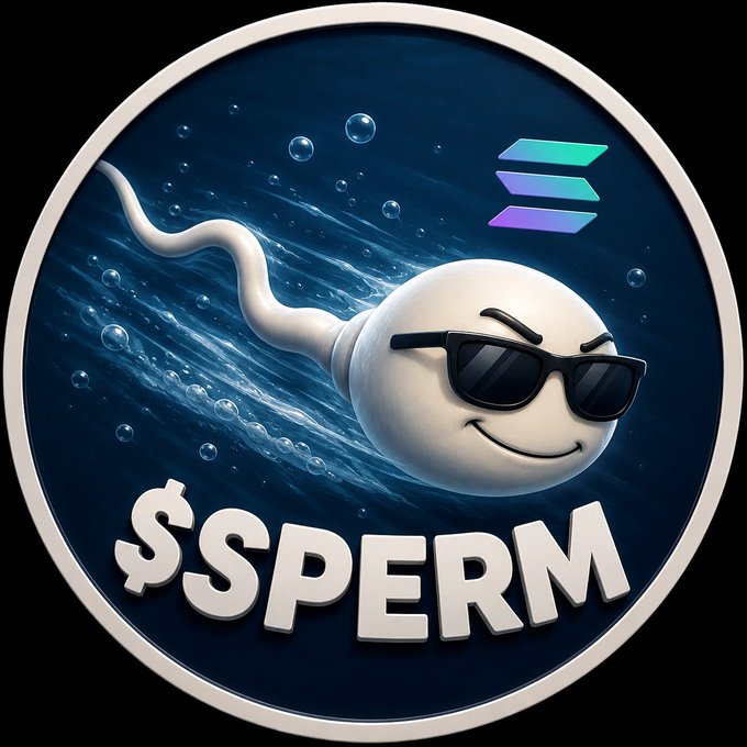 A circular emblem featuring a cartoon sperm character wearing sunglasses and smiling, with bubbles in the background, a Solana logo, and the text '$SPERM' at the bottom.