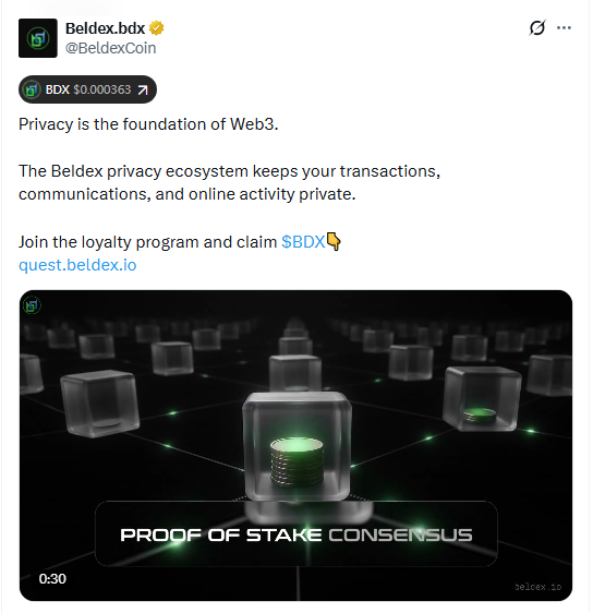 A screenshot of a tweet from 'Beldex.bdx' (@BeldexCoin) promoting their privacy ecosystem and Web3 platform, featuring a video thumbnail about 'PROOF OF STAKE CONSENSUS' with the ticker BDX at $0.000363.