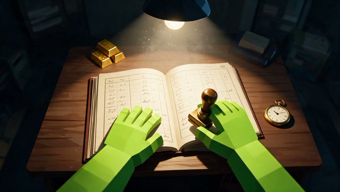 A stylized illustration shows green-gloved hands pressing a wax stamp onto an open ledger under a desk lamp, with gold bars and a pocket watch on the wooden desk.