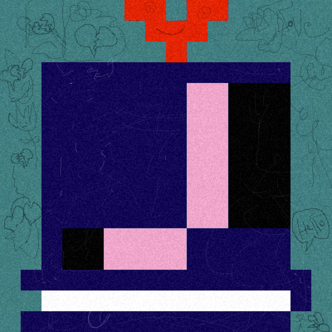 A digital artwork on a textured teal background featuring a geometric, pixel-art style face in red, navy blue, pink, black, and white, with faint doodles scattered around the borders.