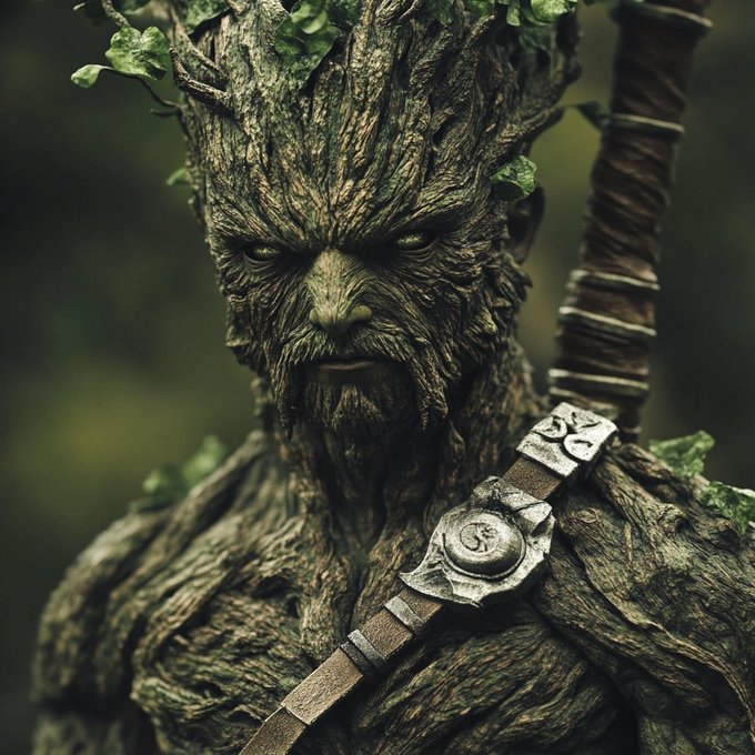 A detailed digital artwork of a tree-like humanoid figure resembling a Treant, with bark-textured skin, green leaves, and a leather strap with a metal ornament across its chest.