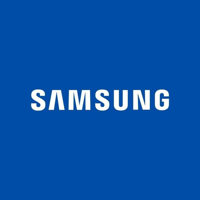 The image displays the Samsung logo in bold white text against a solid blue background. This relates to the post's observation that Samsung and Ripple share the same distinctive blue color in their branding.