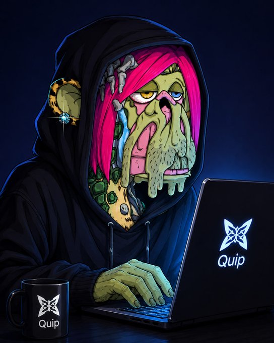 A stylized digital illustration of a grotesque, zombie-like hooded figure with pink hair and green decayed skin working on a laptop and beside a mug, both branded with a glowing butterfly logo and the name "Quip".