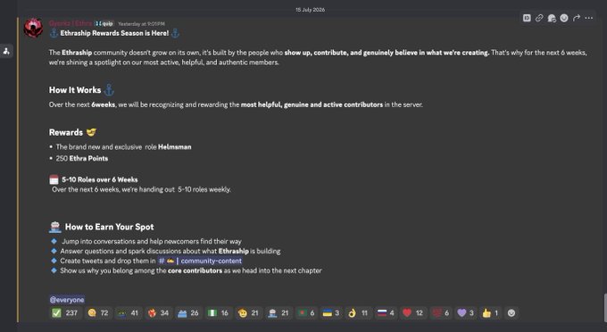Discord announcement from Etruscian (Elves) about 'Ethership Rewards Season' running for 6 weeks, offering a brand new Heizman role and 250 Elthra Points, with 5-10 roles handed out weekly to active community contributors.