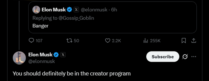 A Twitter/X post by Elon Musk (@elonmusk) replying to @Gossip_Goblin with the text 'Banger,' showing 2.2K likes and 255K views.