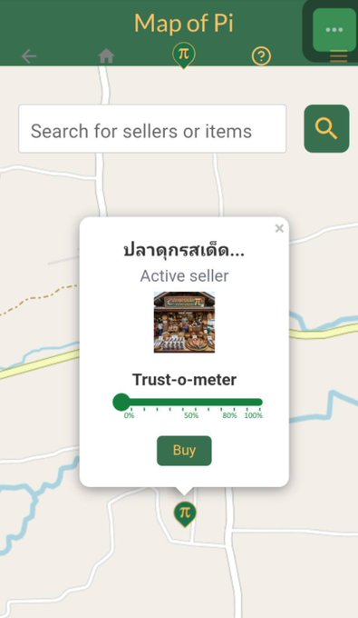 A mobile app screenshot of 'Map of Pi' showing a map interface with a popup for an 'Active seller' that includes a 'Trust-o-meter' scale at 100% and a green 'Buy' button.