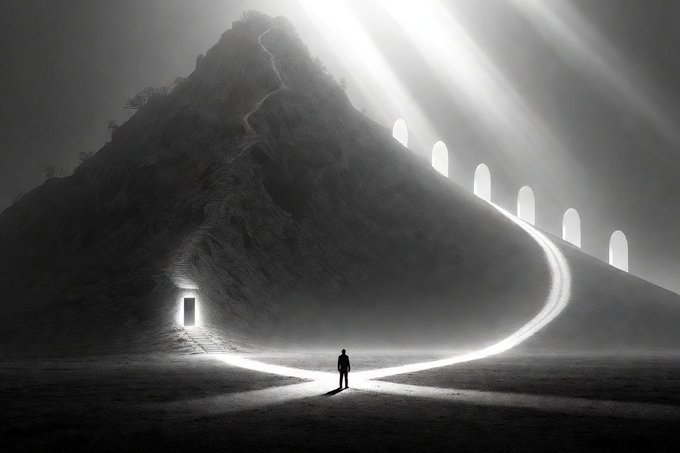 Black and white surreal illustration of a solitary figure at a fork in a glowing path, facing a dark mountain with an illuminated doorway and glowing arched portals leading up its side.