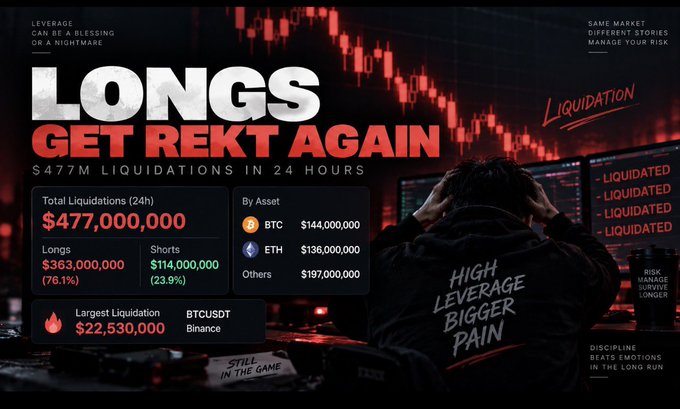 A dramatic financial infographic titled 'LONGS GET REKT AGAIN' showing $477M in crypto liquidations in 24 hours, with BTC at $144M, ETH at $136M, and a stressed trader wearing a hoodie reading 'HIGH LEVERAGE BIGGER PAIN'.