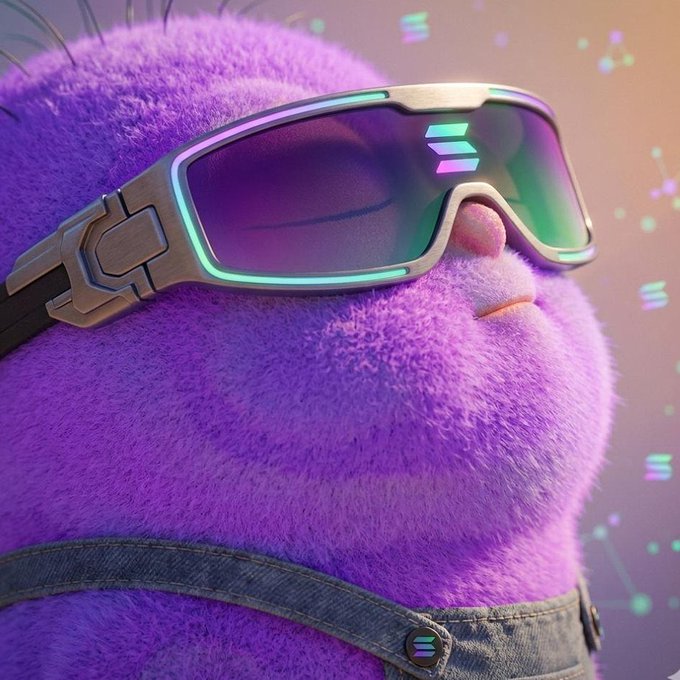 The image features a purple-furred, cartoon-like creature with sunglasses on its face. The creature has a large nose and mouth, giving it a unique appearance. The creature's eyes are closed, suggesting that it might be resting or sleeping. The background of the image is a gradient of colors, transitioning from blue to green at the top. There are also stars scattered throughout the scene, adding an element of whimsy to the overall composition. The post "Solana summer" in the caption suggests that this image could be related to the popular social media platform Solana or possibly a summer-themed event.