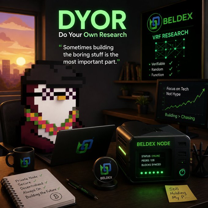 A pixel-art penguin sits at a workspace featuring a "BELDEX NODE" displaying "STATUS: ONLINE / PEERS: 128 / BLOCKS SYNCED," alongside a notebook listing "Private Node ✓," a coffee mug, and monitors showing "DYOR Do Your Own Research" and "BELDEX VRF RESEARCH" with bullet points for Verifiable, Random, and Function—illustrating the tweet's theme of running a private Beldex node and focusing on the project's underlying VRF tech rather than chasing market hype.