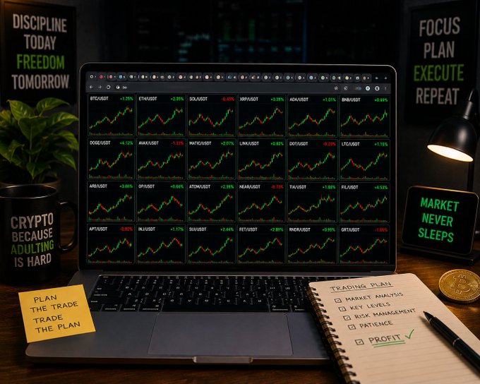 A laptop on a desk displays numerous cryptocurrency price charts, surrounded by motivational signs, a 'Market Never Sleeps' sign, a 'Crypto Because Adulting Is Hard' mug, and a trading plan checklist.