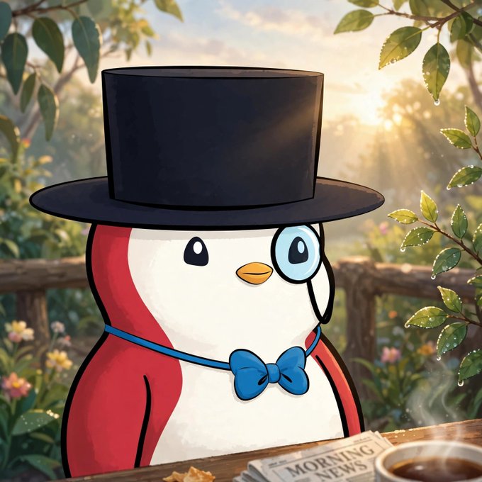 An illustrated cartoon penguin wearing a black top hat, monocle, and blue bowtie reads a 'MORNING NEWS' paper in a sunny garden setting.