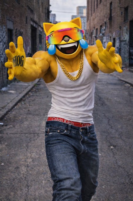 A muscular figure wearing a Calvin Klein tank top and jeans has a yellow crying-laughing cat emoji head with sunglasses and a gold chain, set in an urban alleyway.