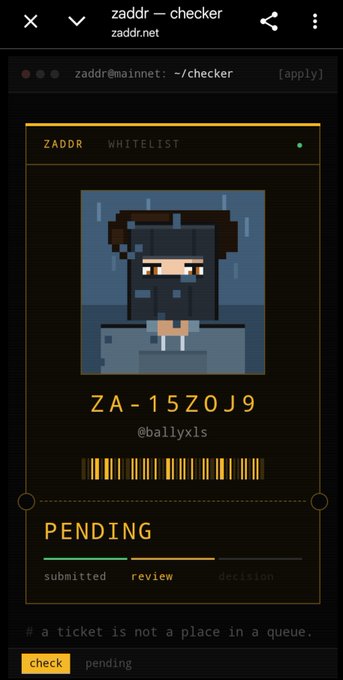 A digital interface titled 'ZADDR WHITELIST' displays a pixel art character above the address 'ZA-1Z0J9' and handle '@ballyxls', with a 'PENDING' status and a progress bar showing the review stage.