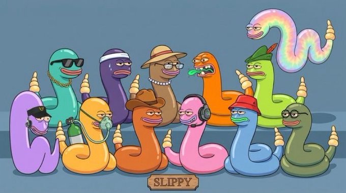 A colorful cartoon illustration features a group of worm-like characters with various accessories such as sunglasses, hats, and headphones, gathered around a nameplate reading 'SLIPPY'.