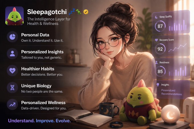 A promotional graphic for 'Sleepagotchi - The Intelligence Layer for Health & Wellness,' featuring an anime-style woman with glasses, the green cartoon character from Image 1, and stats like Sleep Quality 87, Recovery Score 92, and Readiness 85.